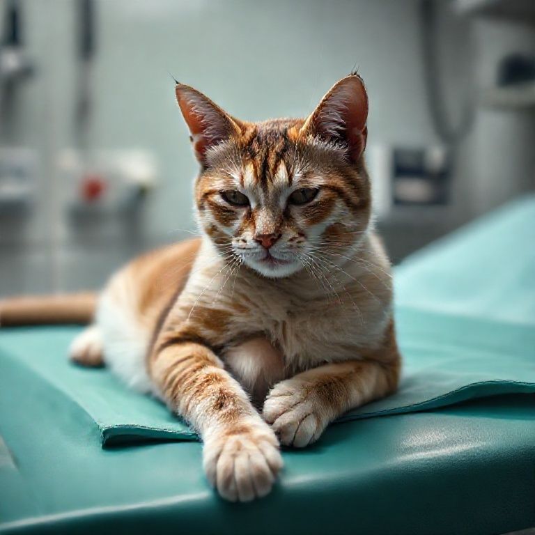 Gato com abdômen inchado, sintoma da PIF úmida, sendo examinado por veterinário.