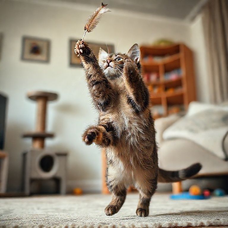 Gato de pelo curto pulando para pegar um brinquedo de pena.