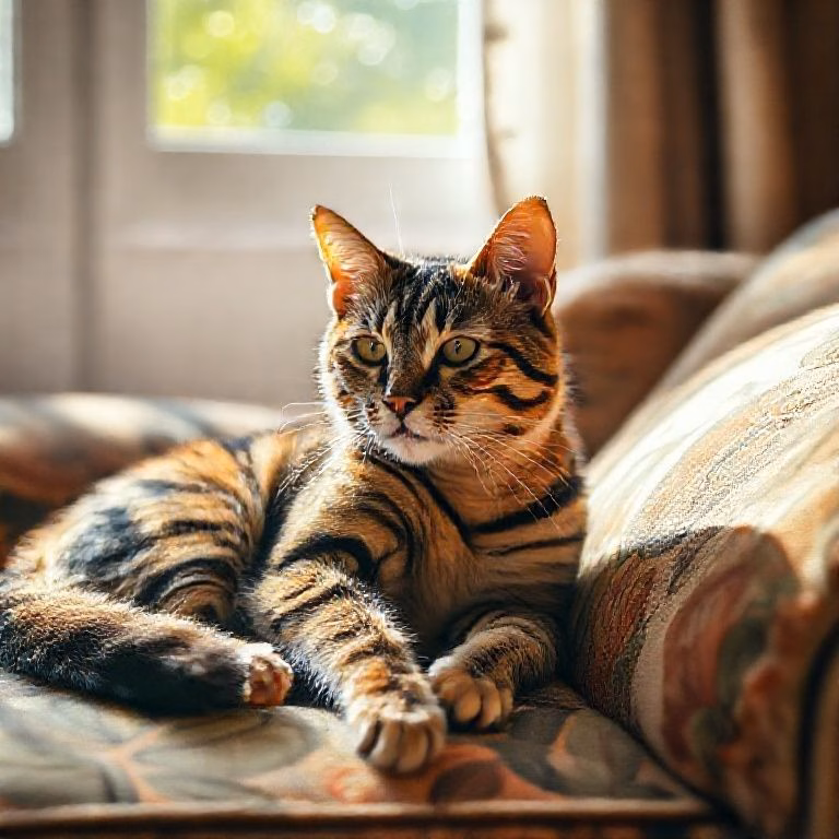 Gato doméstico repousando em um sofá aconchegante em um lar brasileiro.