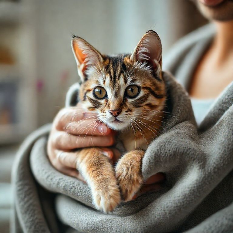 Gato enrolado em manta, recebendo primeiros socorros.