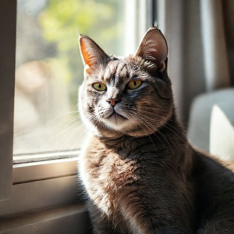 Gato idoso cinza aproveitando o sol na janela.