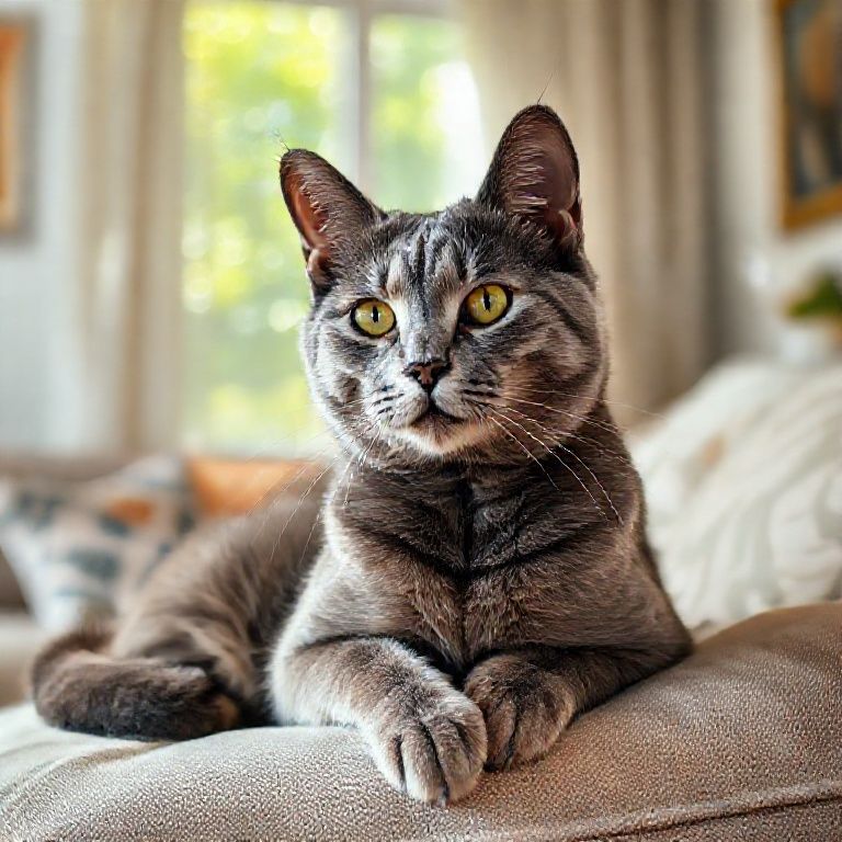 Gato idoso cinza com a cabeça inclinada, descansando.