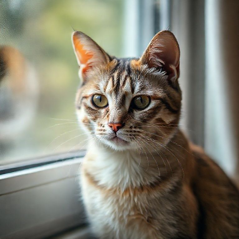 Gato idoso com sintomas neurológicos da PIF seca olhando pela janela.