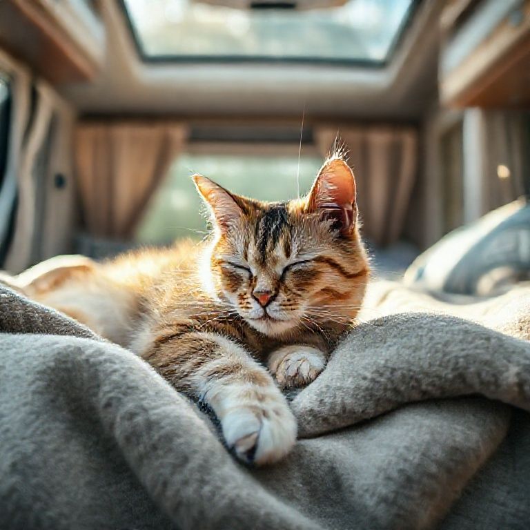 Gato idoso dormindo em uma manta aconchegante em um motorhome iluminado pelo sol.