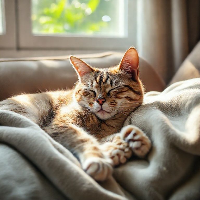 Gato idoso dormindo no sofá, com a luz do sol entrando pela janela. Ambiente aconchegante.