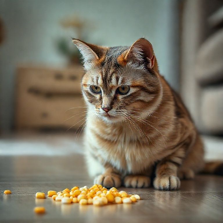 Gato idoso olhando para grãos de milho no chão, com tristeza.