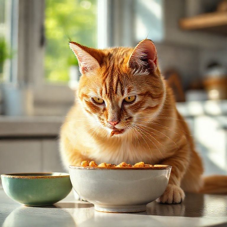Gato idoso ruivo comendo ração natural em um comedouro de cerâmica em uma cozinha ensolarada.