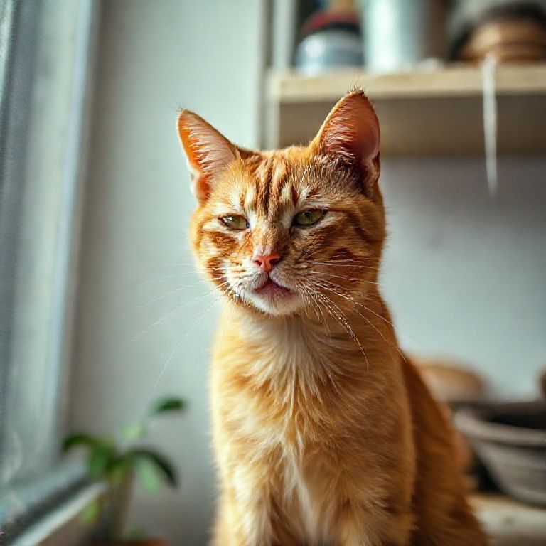 Gato laranja espirrando perto de uma prateleira empoeirada.