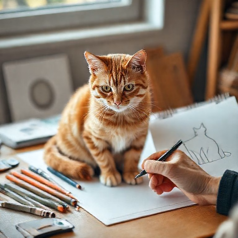 Gato laranja observando um desenho de gato sendo feito à mão em uma mesa com materiais de arte.