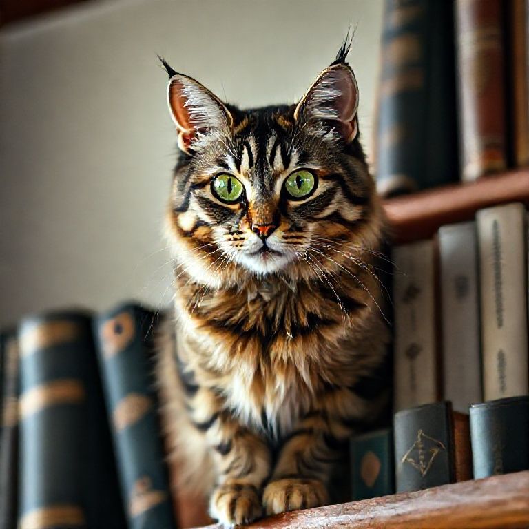 Gato Maine Coon elegante em uma estante de livros.