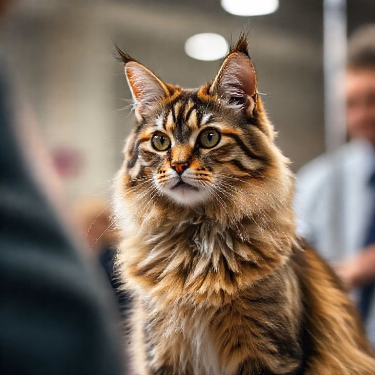 Gato Maine Coon sendo avaliado em exposição, juiz analisando a pelagem.