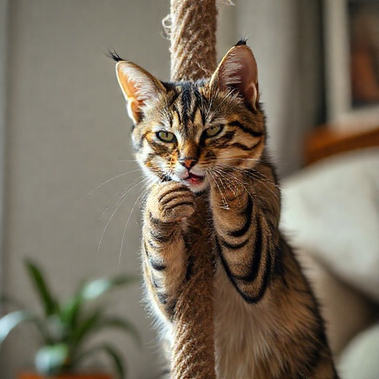 Gato malhado arranhando um poste de sisal para marcar território