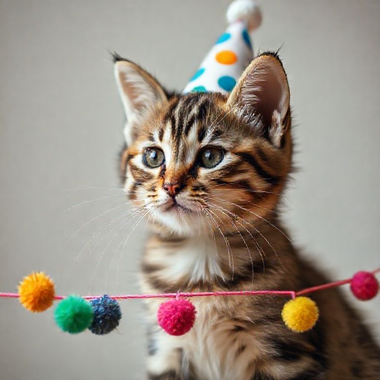 Gato malhado com chapéu de festa olhando pompons.