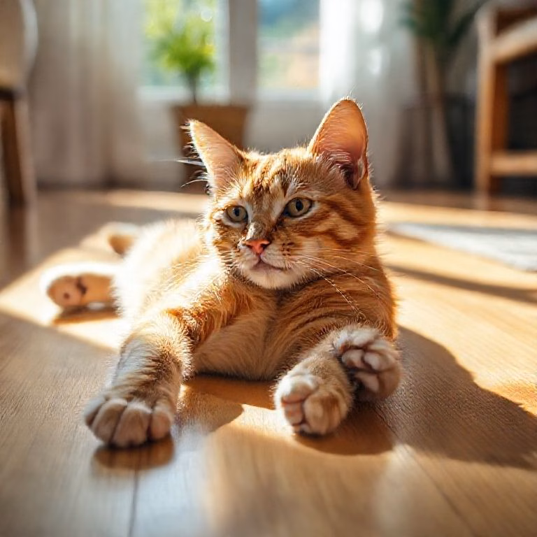 Gato malhado dourado de barriga para cima no chão de madeira ensolarado, patas relaxadas.