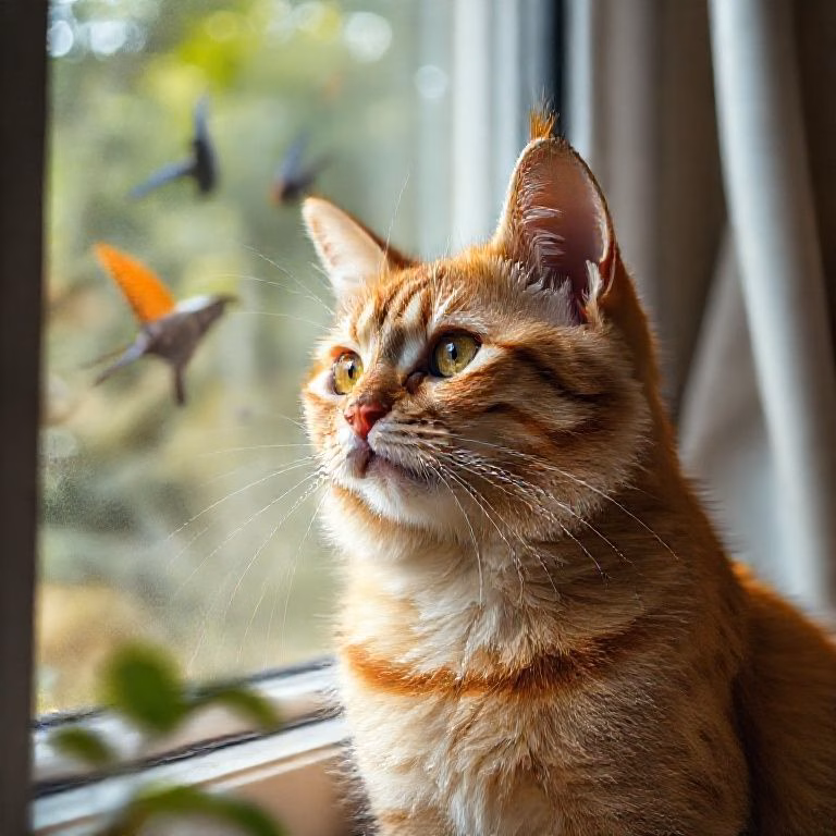 Gato malhado dourado observa pássaros fora da janela com frustração.