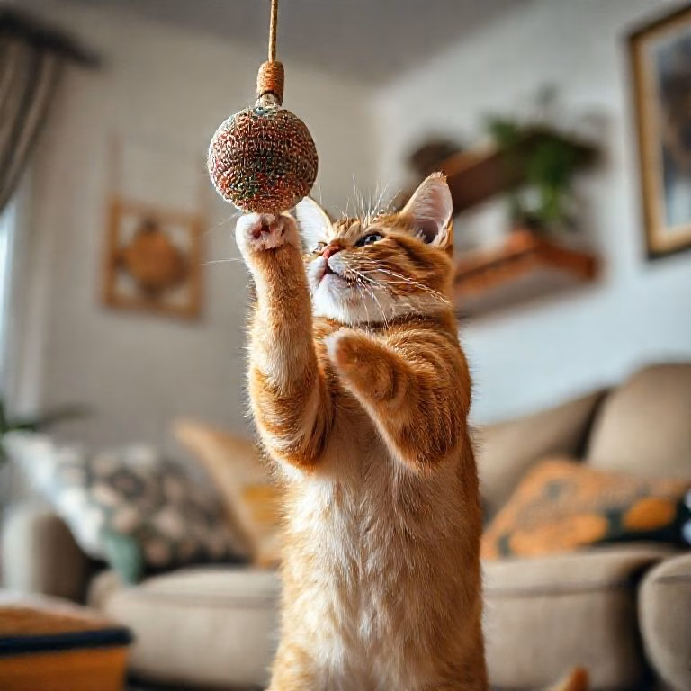 Gato malhado ruivo brincando com brinquedo em sala ensolarada