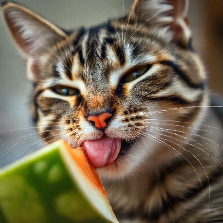 Gato malhado saboreando um pedaço de melão.