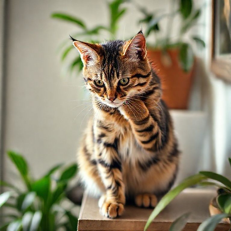 Gato malhado se limpando em uma prateleira.