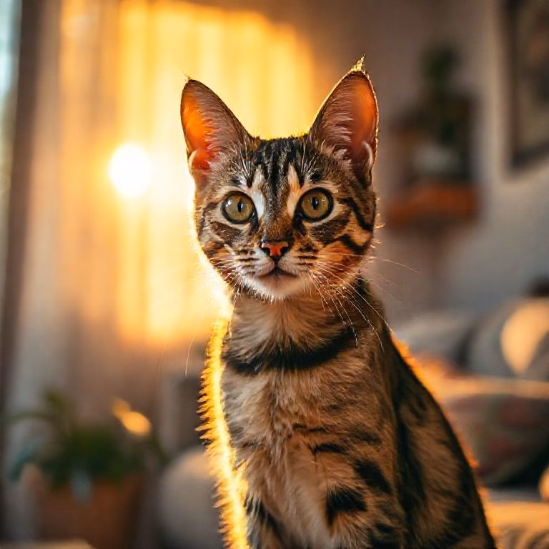 Gato malhado sorrindo para a câmera em um lar aconchegante.
