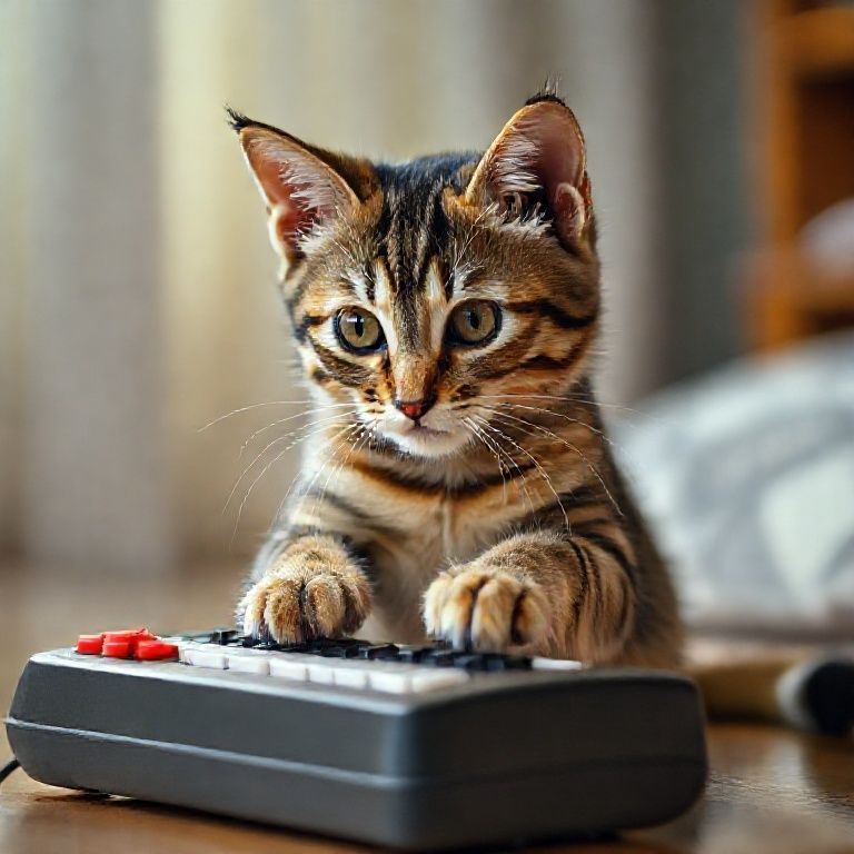 Gato malhado tocando teclado de brinquedo
