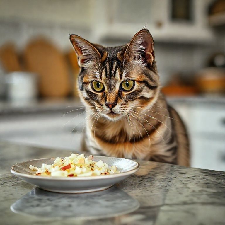 Gato observando alho e cebola picados na cozinha.