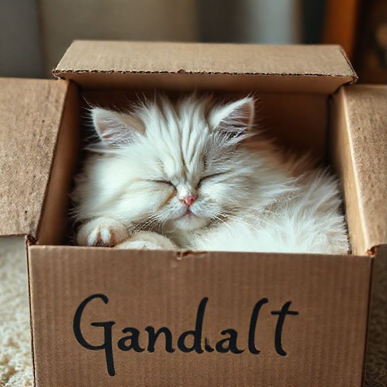 Gato persa branco dormindo em caixa com nome 'Gandalf'.