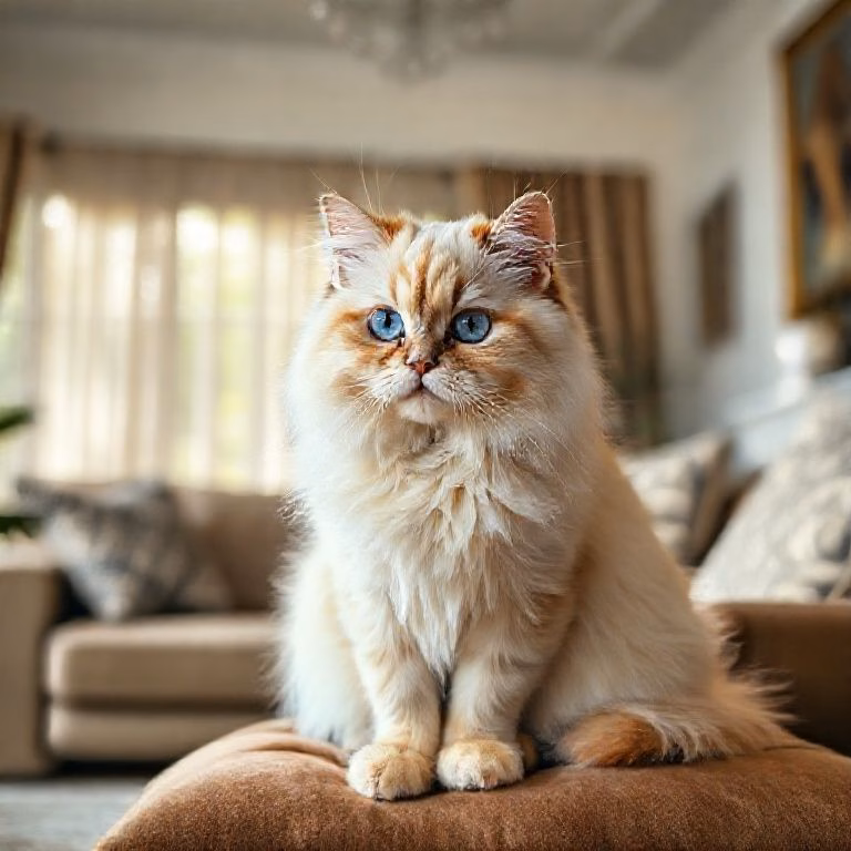 Gato Persa creme de olhos azuis sentado em almofada de veludo.