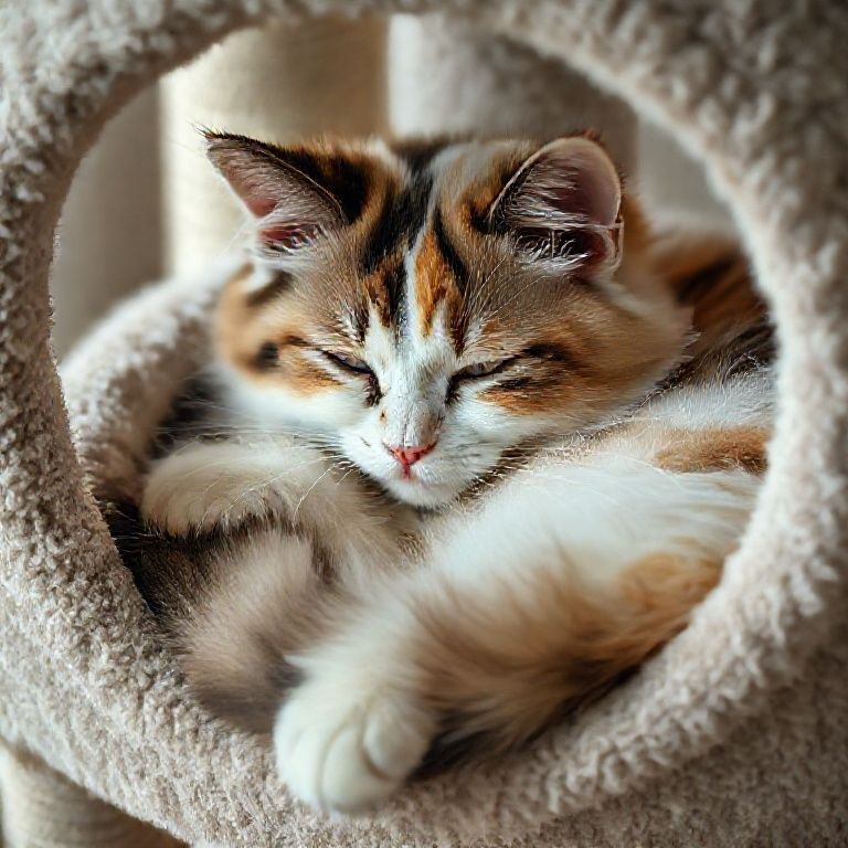 Gato Persa exótico calico dormindo em árvore para gatos.