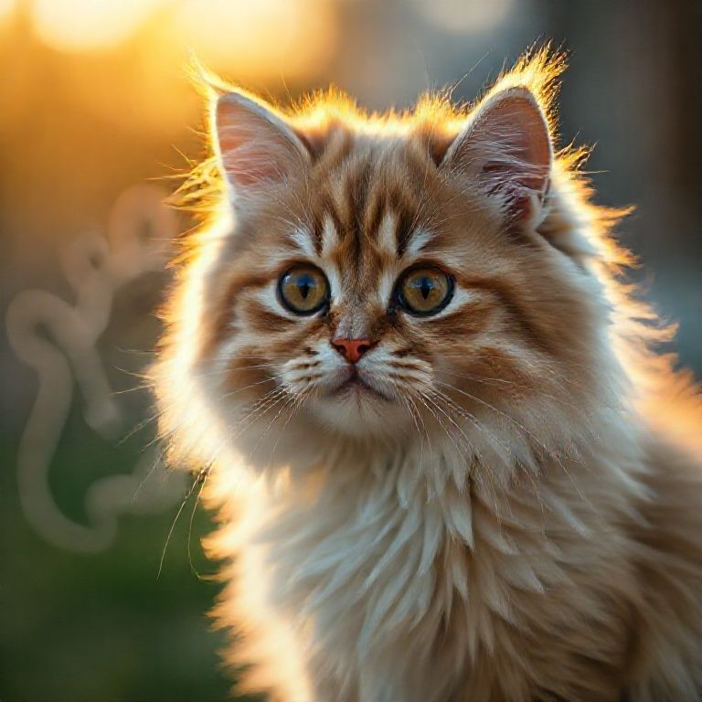 Gato persa fofo olhando para a câmera com desenho de orelhas e bigodes ao fundo.