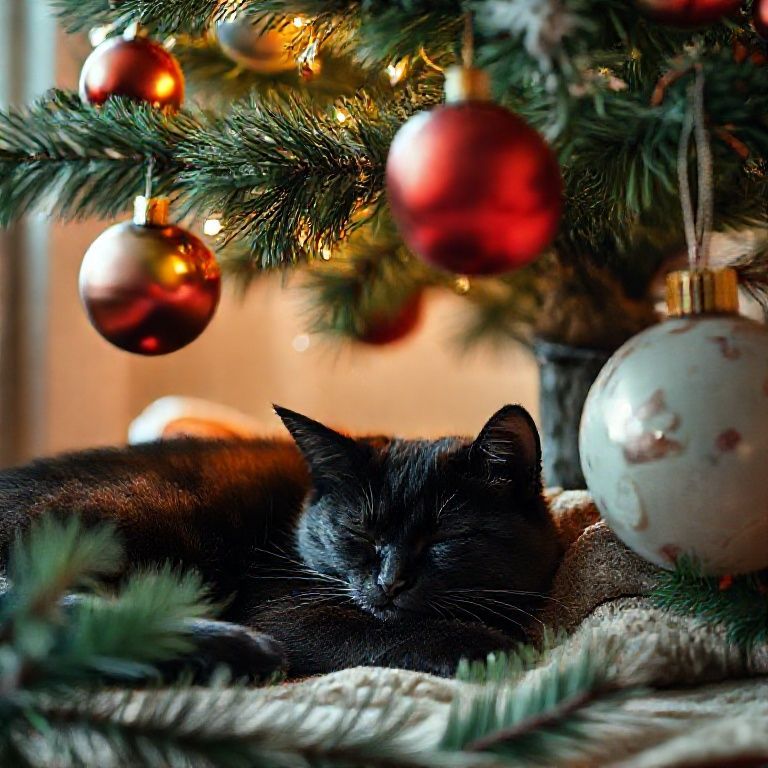 Gato preto dormindo sob árvore de Natal com enfeites grandes e seguros.