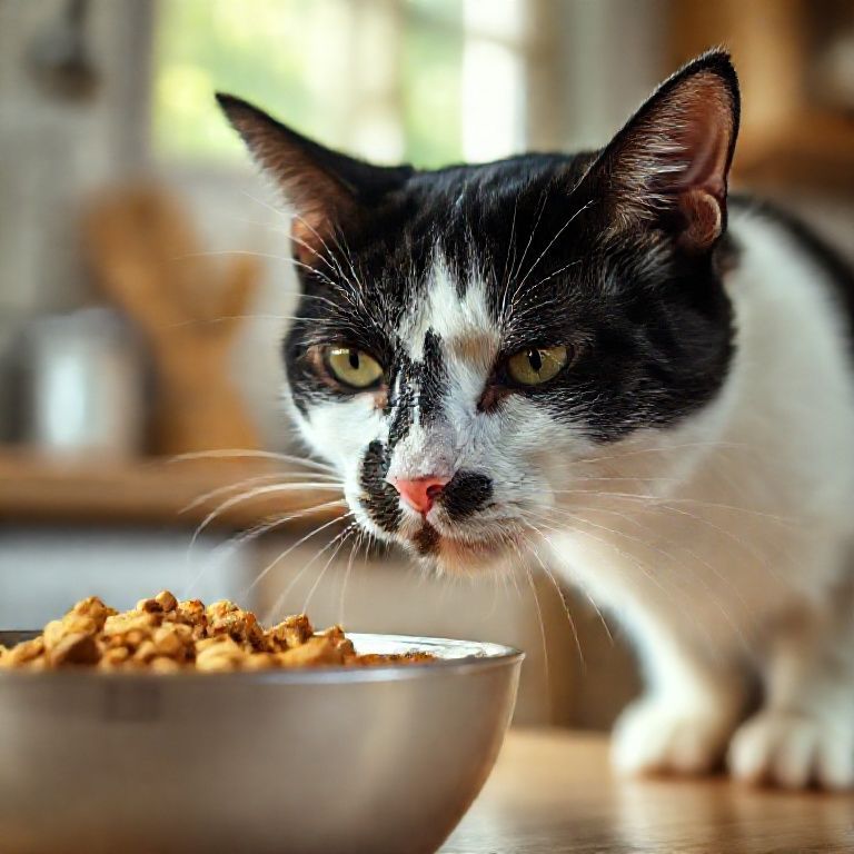Gato preto e branco cheirando ração.