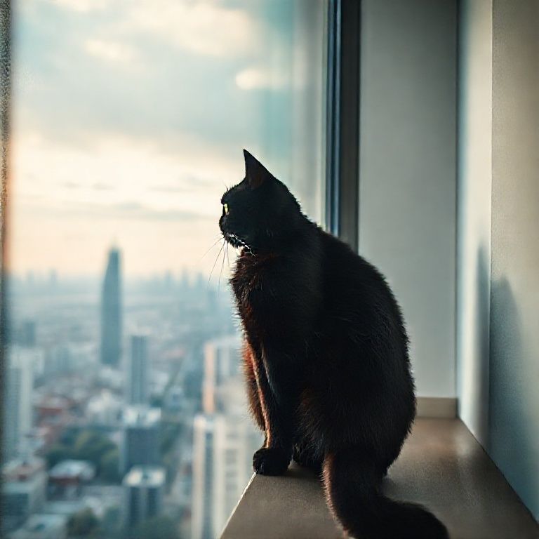 Gato preto observando a cidade da janela.