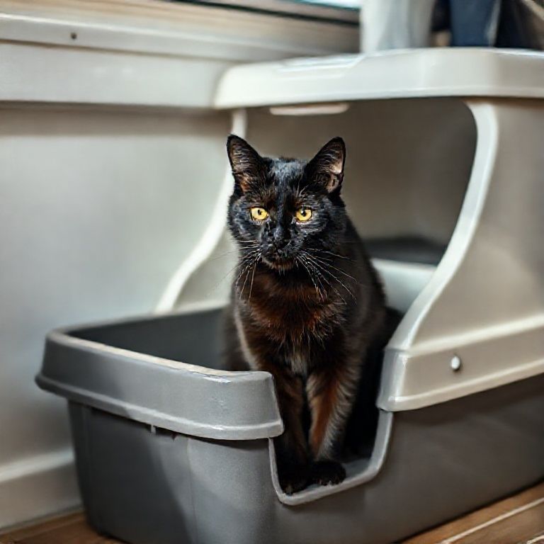 Gato preto usando caixa de areia à prova de maresia em casa.