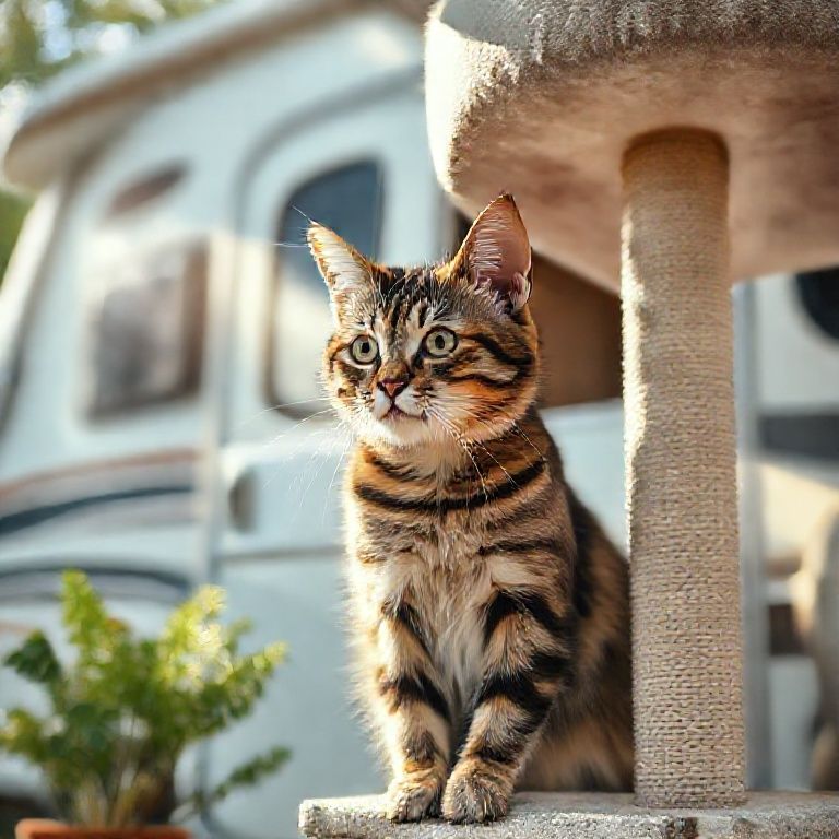 Gato rajado se adaptando a um motorhome, cheirando um arranhador.