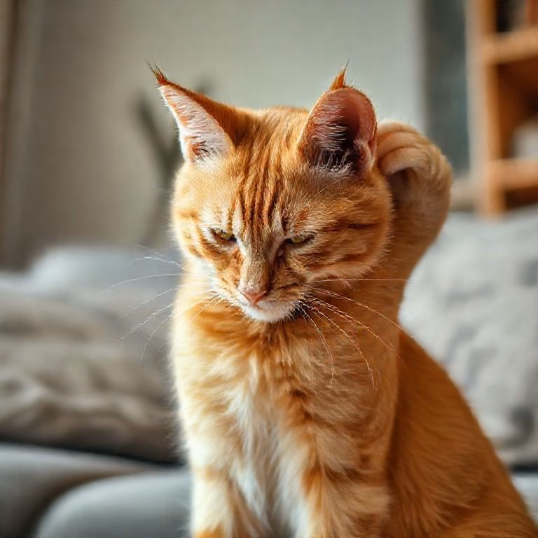 Gato ruivo coçando a orelha com a pata traseira.