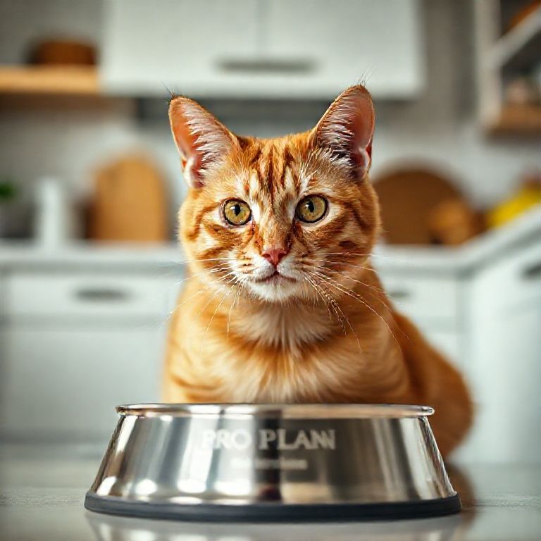 Gato ruivo curioso olhando para ração Purina Pro Plan HA Hydrolyzed.