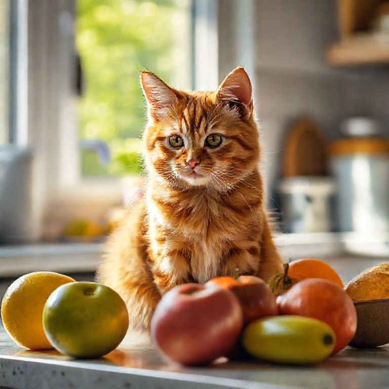 Gato ruivo curioso perto de frutas na bancada da cozinha.