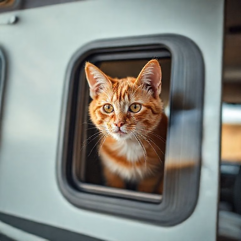 Gato ruivo espiando pela janela de um motorhome durante uma viagem.