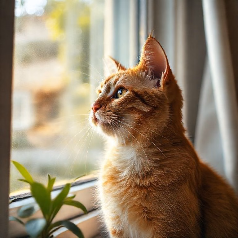 Gato ruivo olhando pela janela, com expressão de desejo