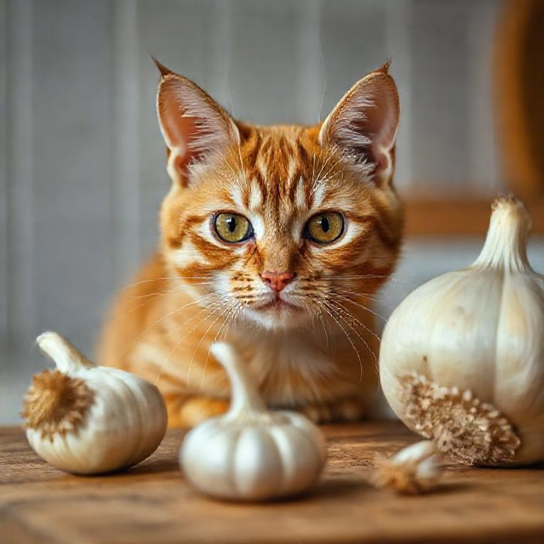 Gato ruivo preocupado perto de alho e cebola.