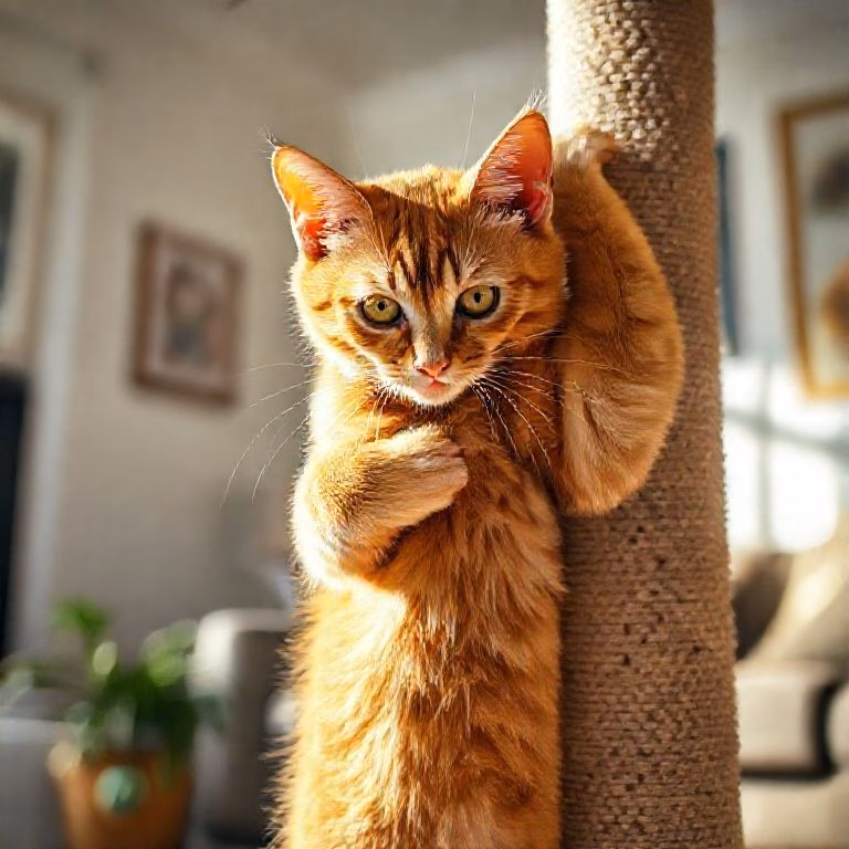 Gato ruivo se coçando intensamente em um arranhador.