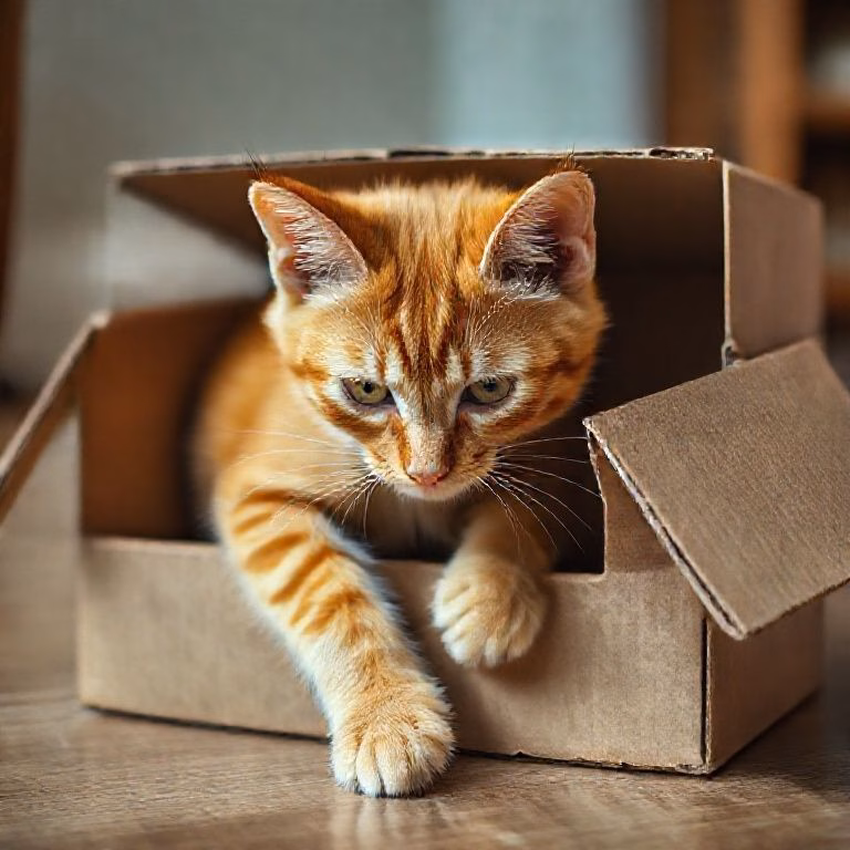 Gato ruivo tentando cavar dentro de uma caixa pequena demais.