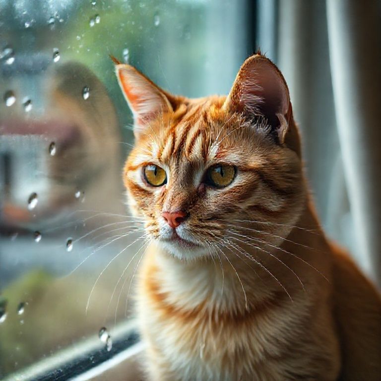 Gato ruivo triste olhando pela janela em dia chuvoso.
