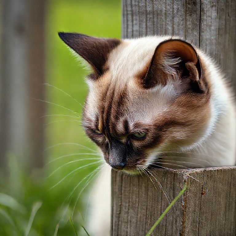 Gato siamês farejando poste de cerca.