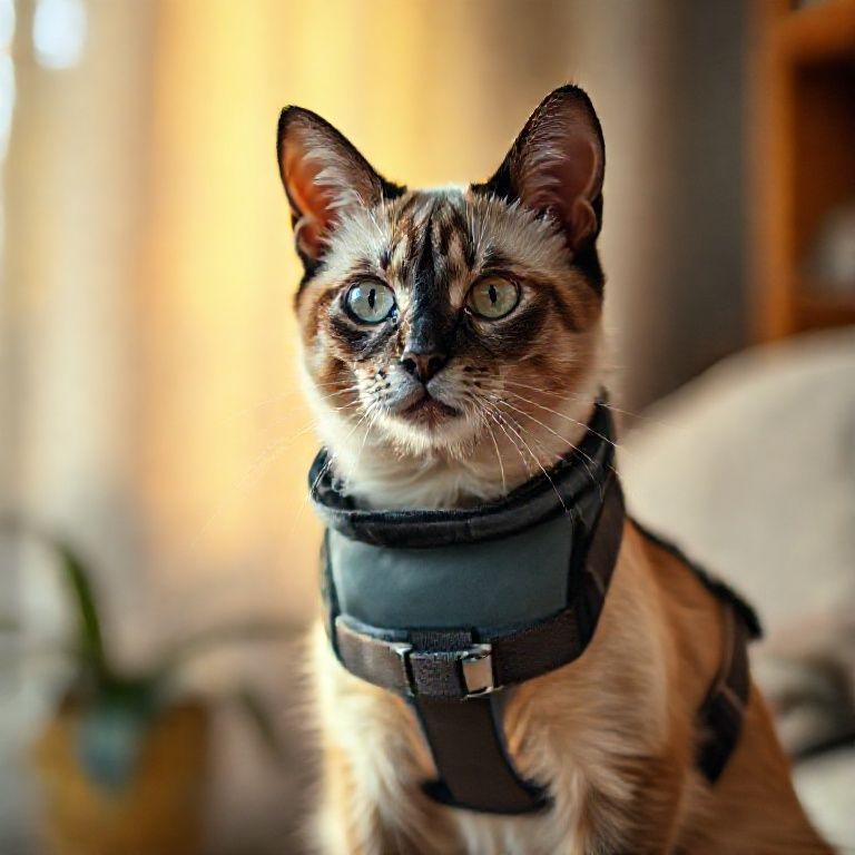 Gato siamês idoso com colete salva-vidas, olhando para a câmera.