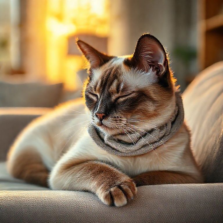 Gato siamês idoso dormindo com colar de pano macio em sofá.