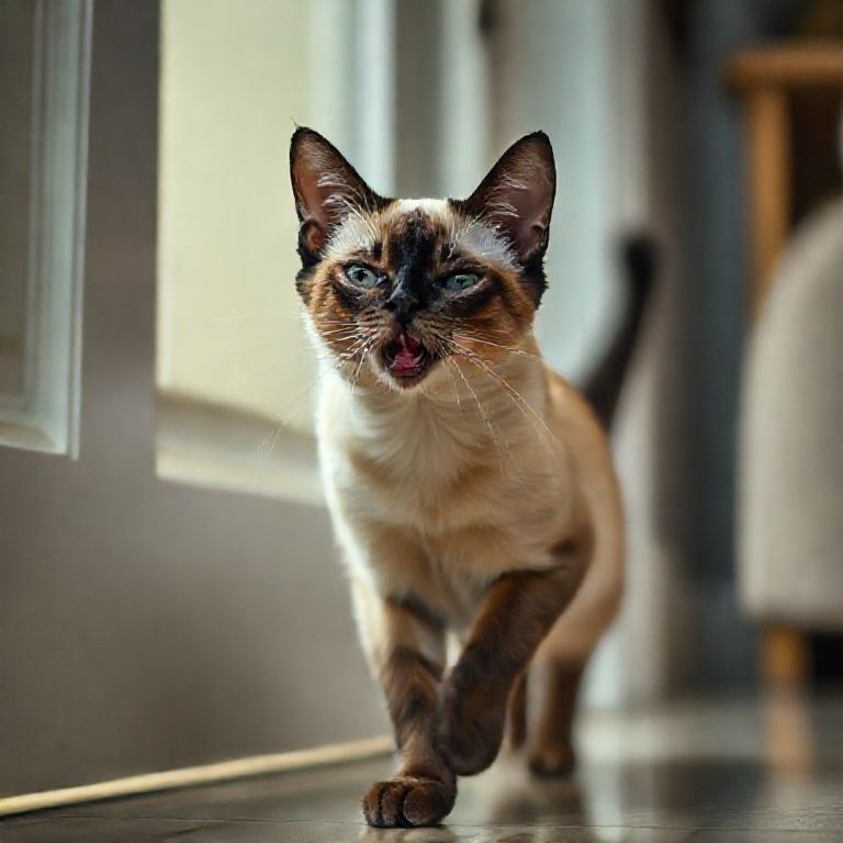 Gato siamês inquieto perto da porta, miando alto