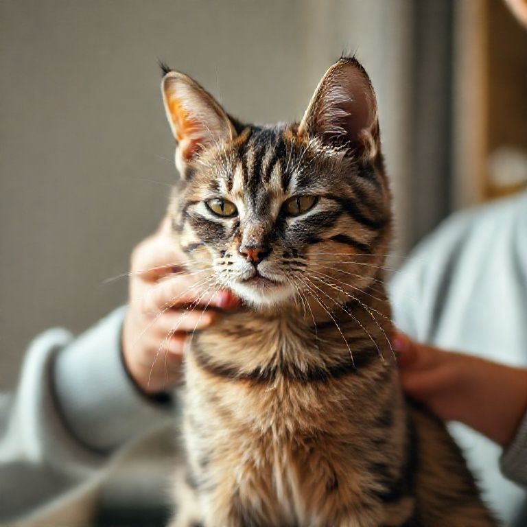 Gato SRD sendo escovado em casa, preparando-se para um concurso.