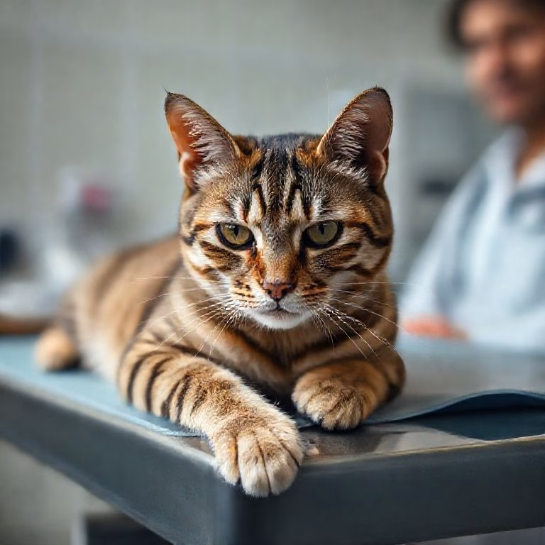 Gato tabby deitado em mesa de exame veterinário, com olhar preocupado. Dono desfocado ao fundo.
