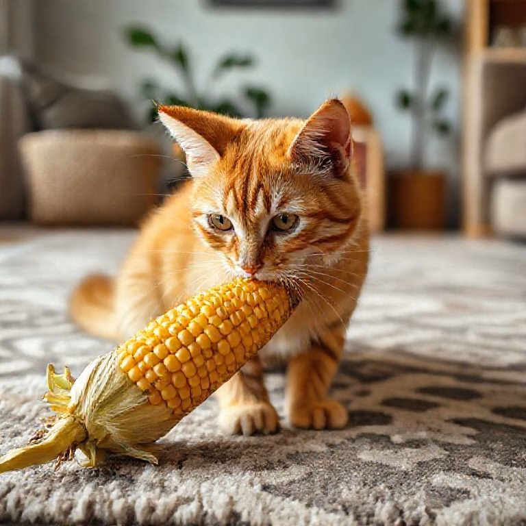 Gato tabby dourado examinando espiga de milho no tapete da sala.